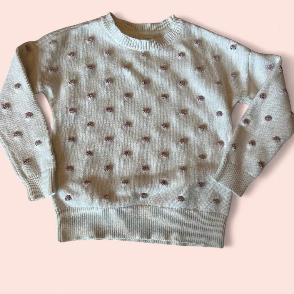 Girls Gap Kids Tinsel Dot Sweater, Size Small (6-7) | Cream with Pink Pom Dots